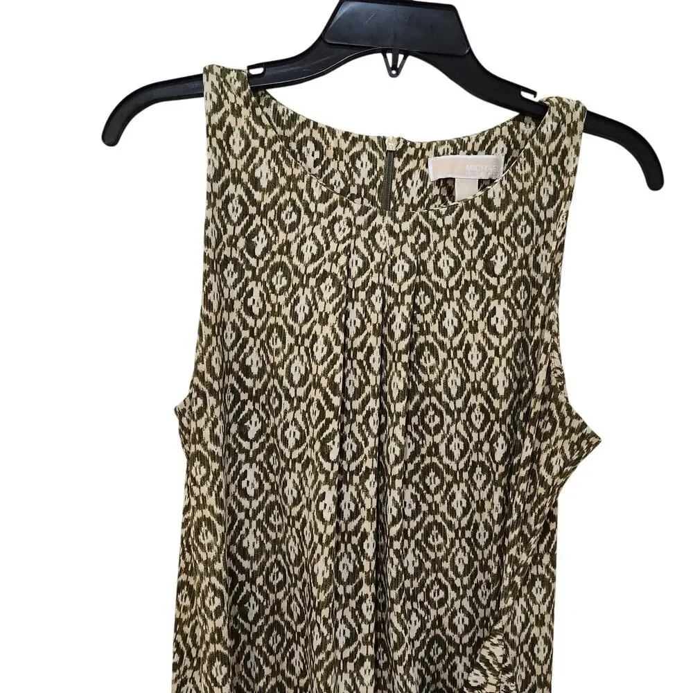 Michael Kors Green White Print Gathered Waist Dress Sz L